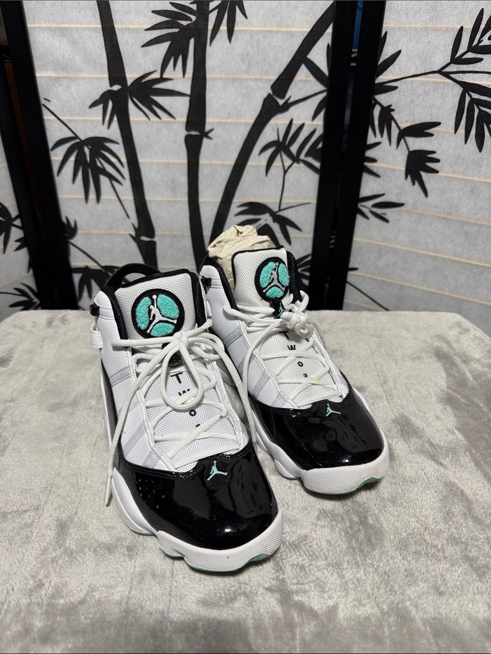 Jordan White Black Teal Patent Leather Basketball Shoes